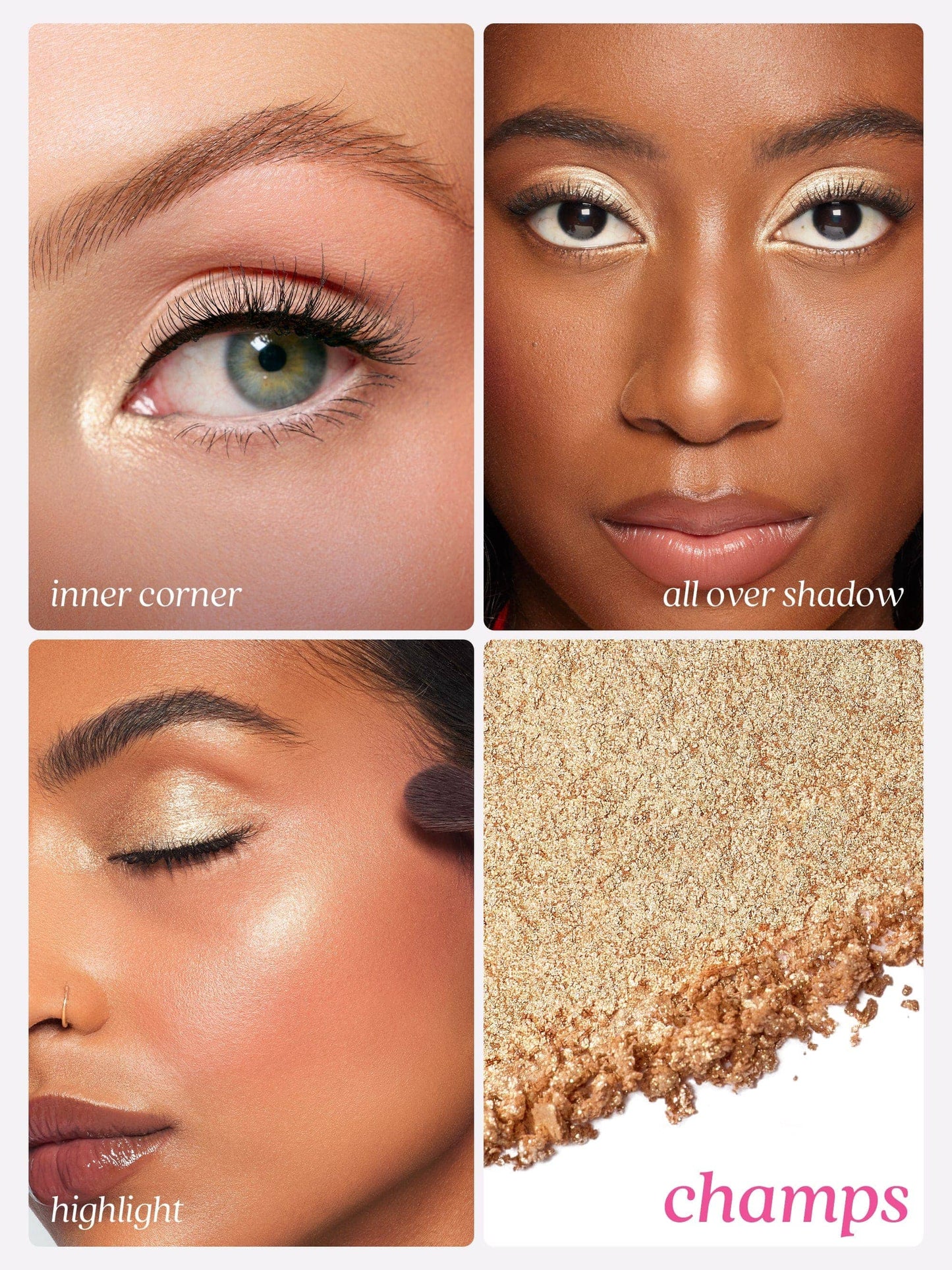 Four quadrants show makeup application. Top left: eye with inner corner highlight. Top right: metallic eyeshadow on both eyes. Bottom left: cheek highlighting. Bottom right: gold eyeshadow texture. Text: inner corner, all over shadow, highlight, champs.