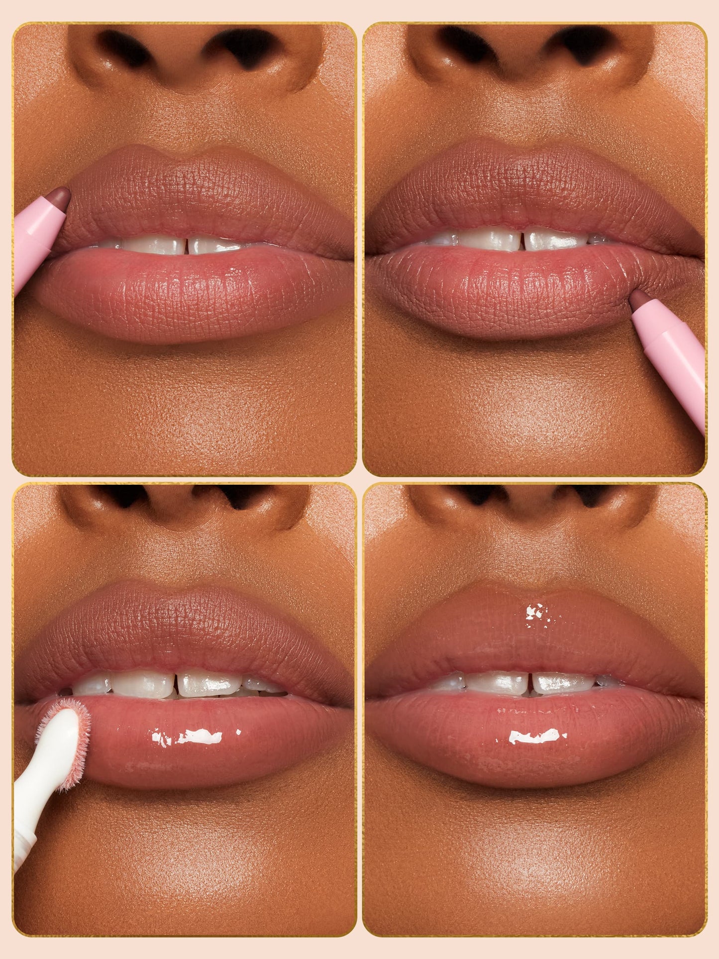 Collage of a person applying pink lipstick on their lips.