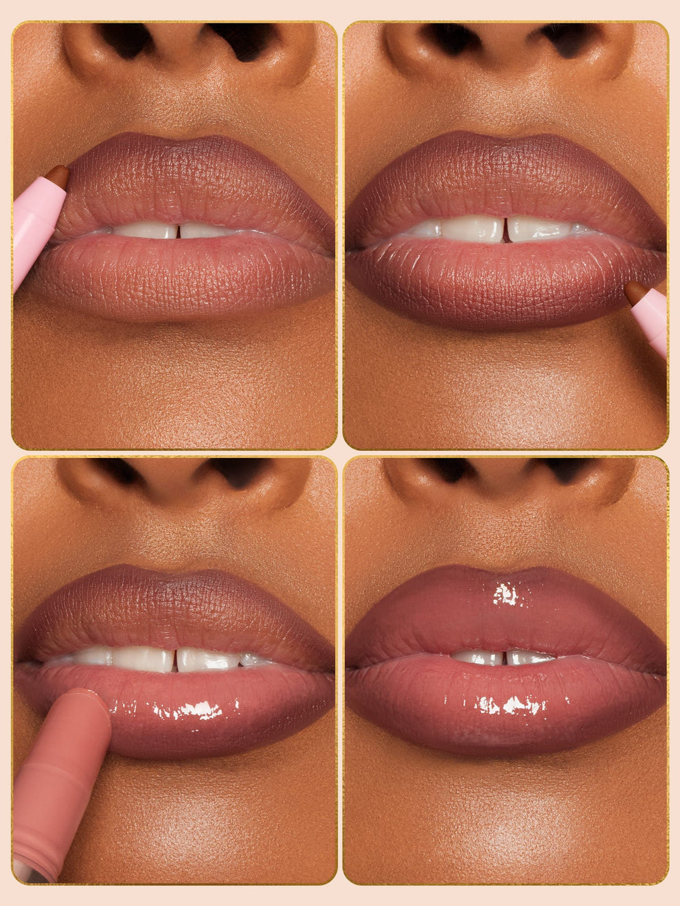 Collage of a woman's lips with different lip products applied.