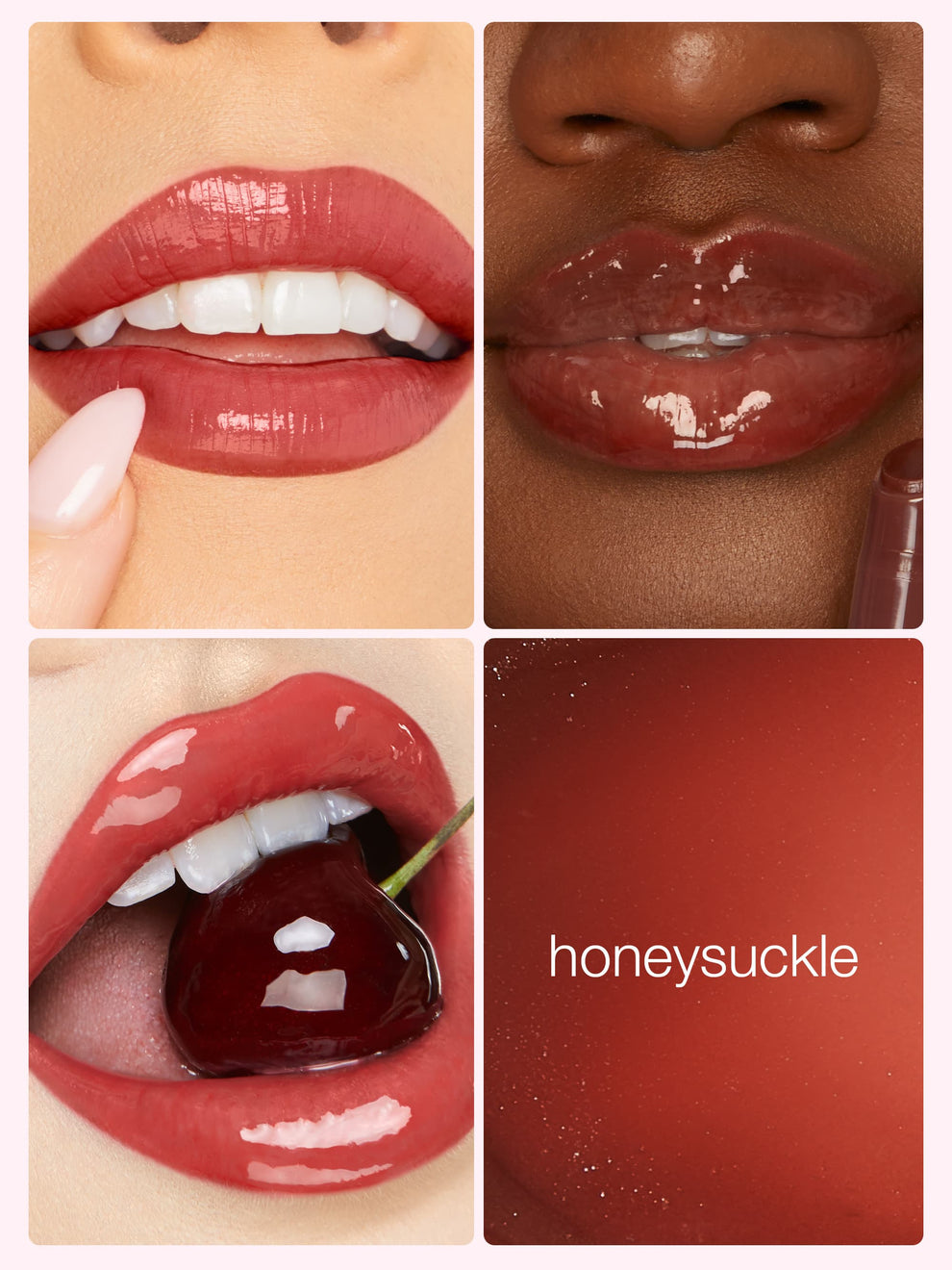 Lips are adorned with Tarte Cosmetics’ Honeysuckle lip product, appearing glossy and richly tinted. A cherry is held between colored lips, enhancing the vividness. Text reads honeysuckle against a matching background.