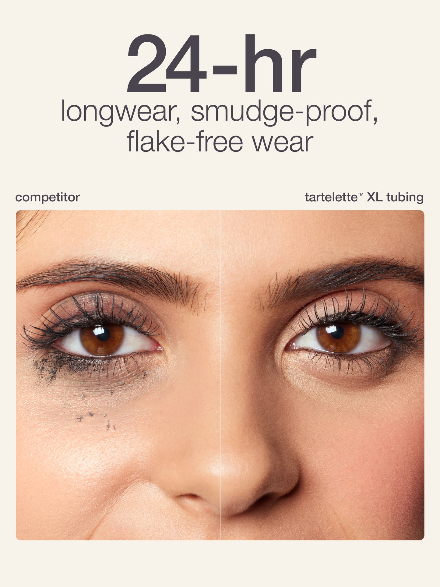 Two eyes demonstrate mascara effect: the left eye shows smudged mascara labeled competitor, while the right eye is clean, labeled tartelette™ XL tubing. Text reads, 24-hr longwear, smudge-proof, flake-free wear.