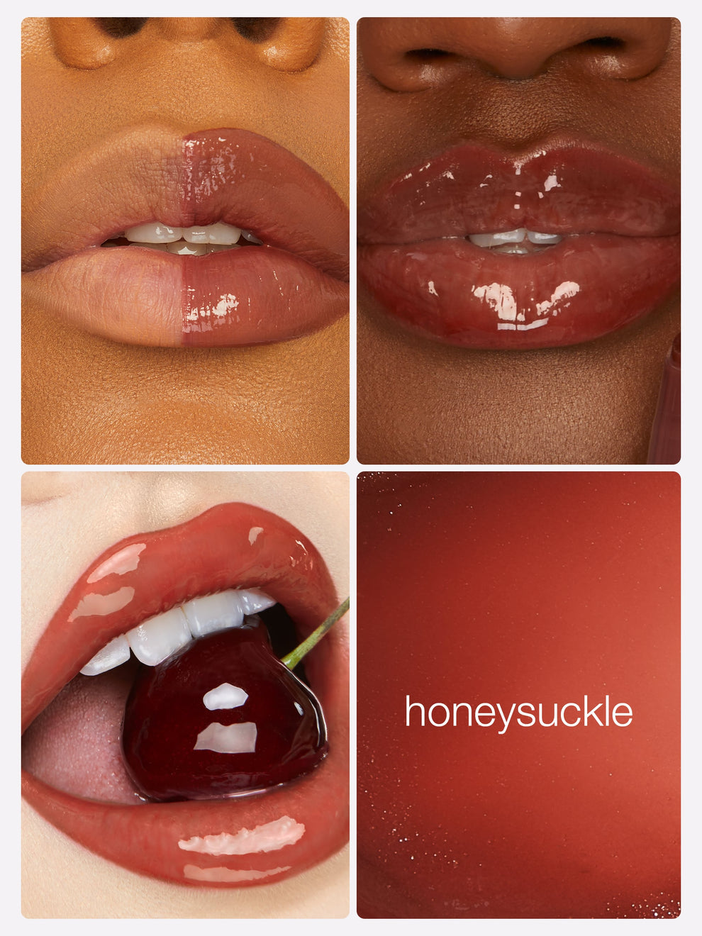 Four images depict glossy lips in various shades of brown and red, one holding a cherry, emphasizing Tarte Cosmetics' lip gloss. Background color is red with honeysuckle text.