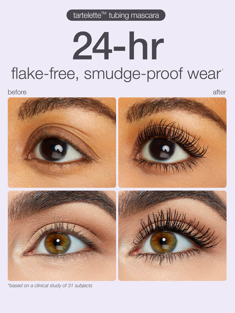Tartelette tubing mascara advertisement showing before and after effects on eyes.