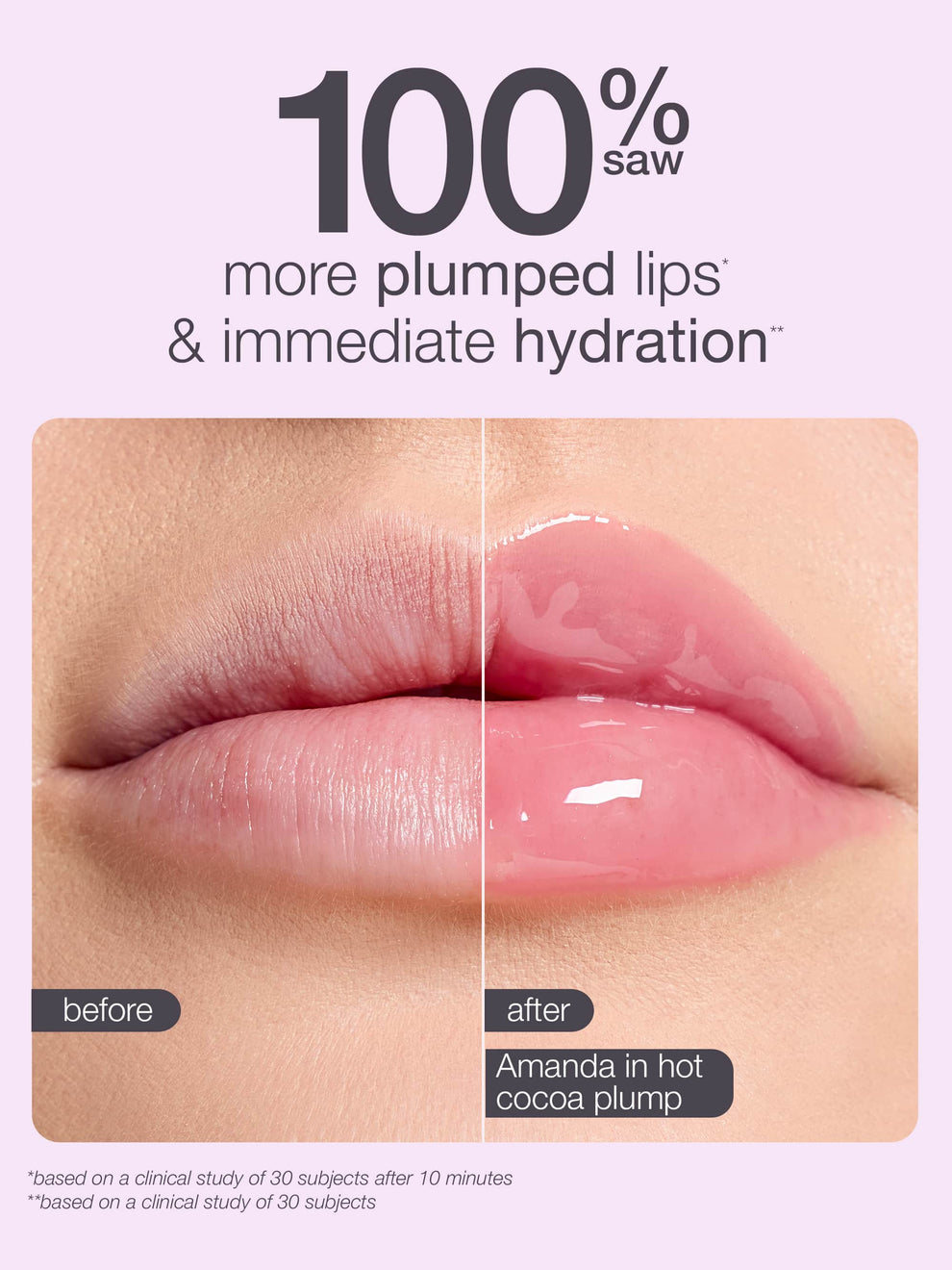 Lips before and after use of a lip product with text highlighting plumpness and hydration.