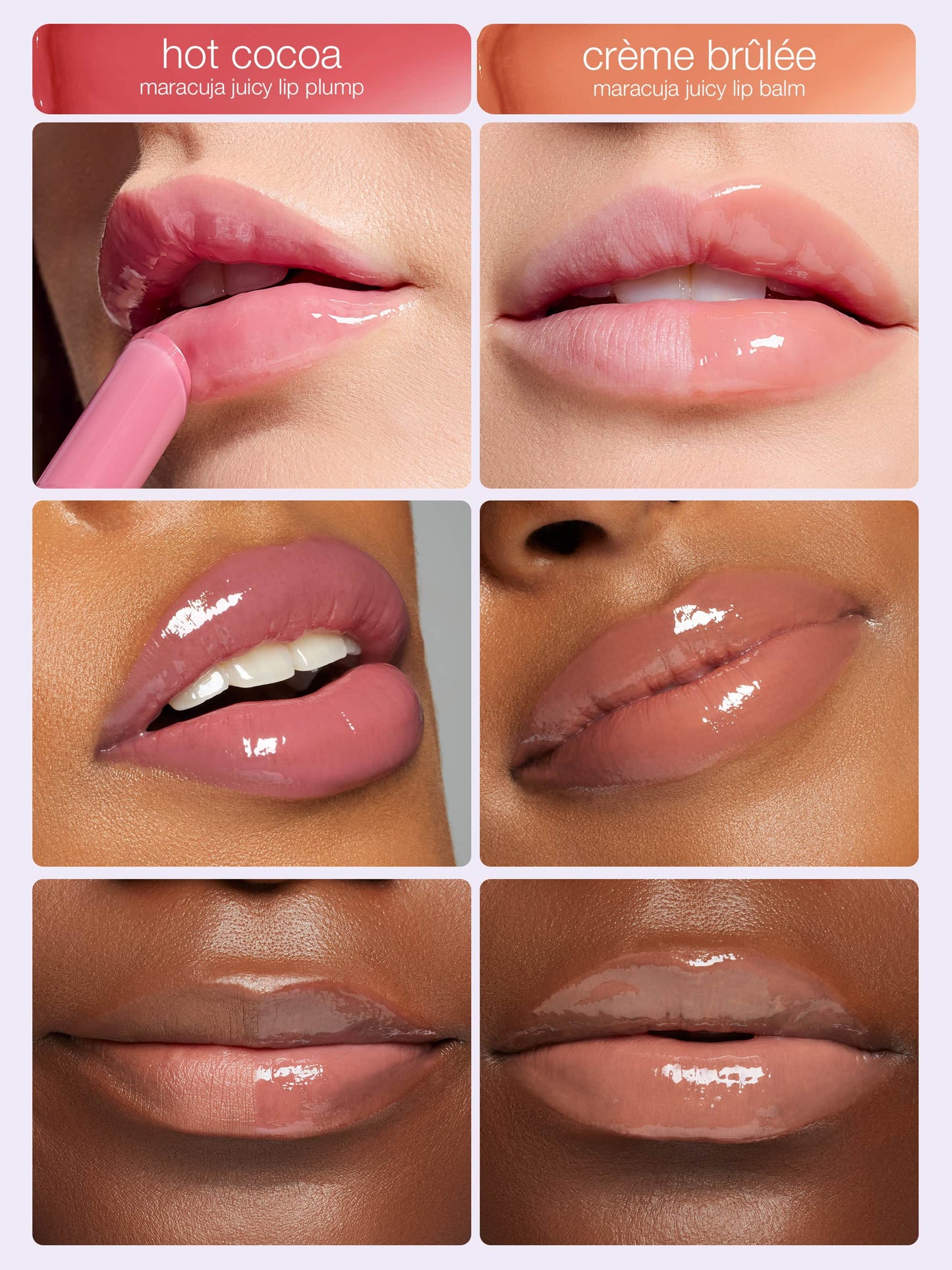 Collage of lip plump and balm on different skin tones