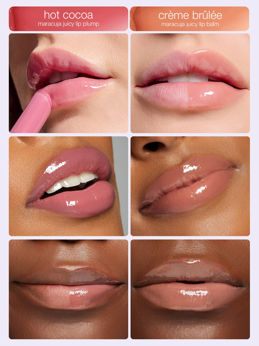 Collage of lip plump and balm on different skin tones