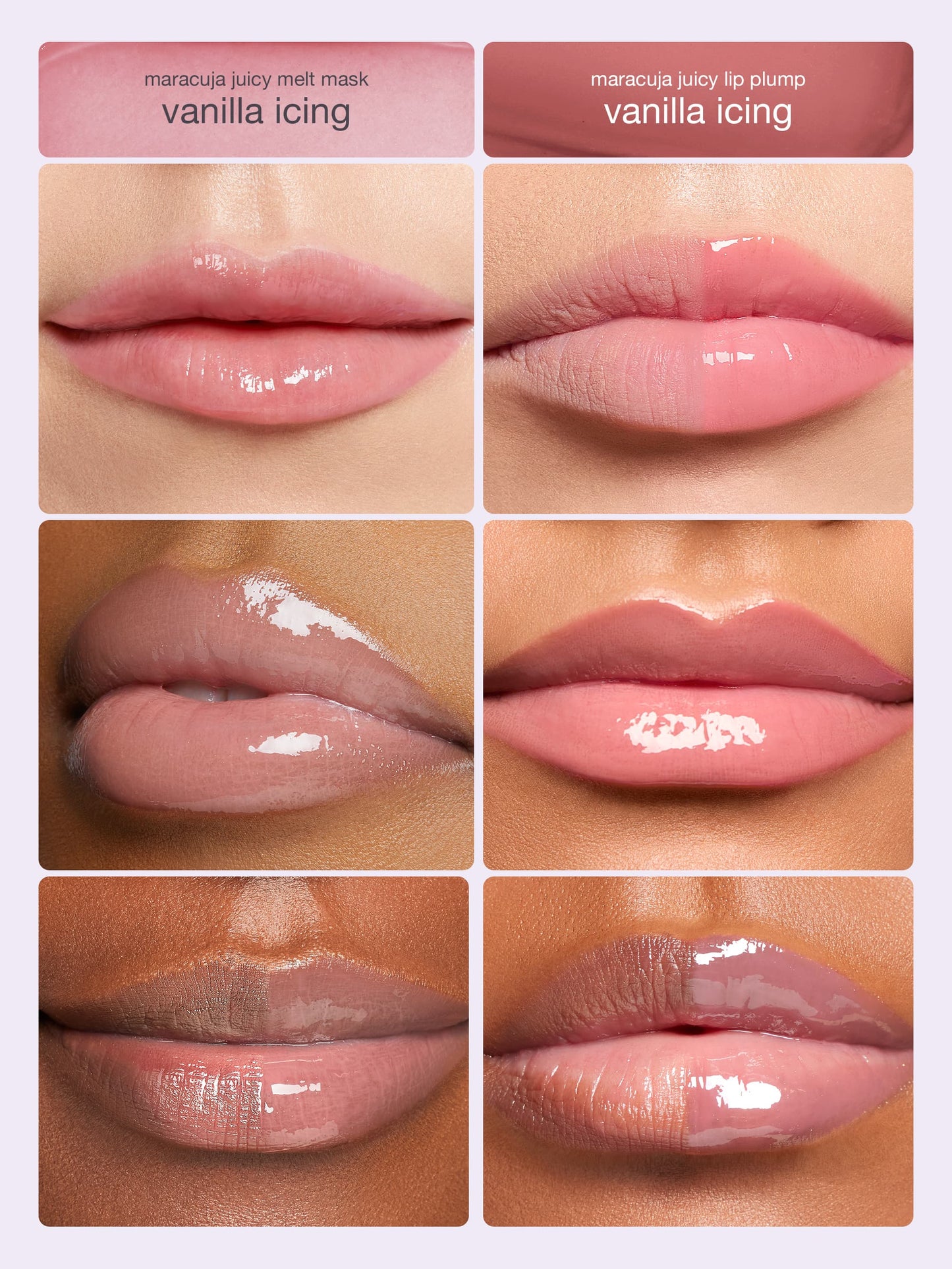 Lips display two Tarte Cosmetics products, maracuja juicy melt mask vanilla icing and maracuja juicy lip plump vanilla icing, with a glossy appearance. Different skin tones show product effect in close-up views.