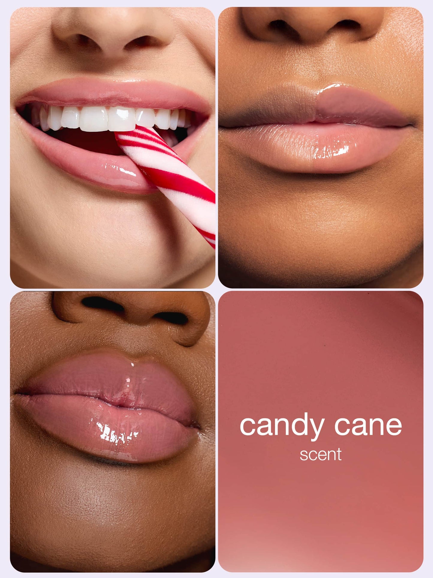 Glossy lips are showcased up close, one image featuring a candy cane between teeth. The context is a promotional layout with the text candy cane scent appearing prominently.