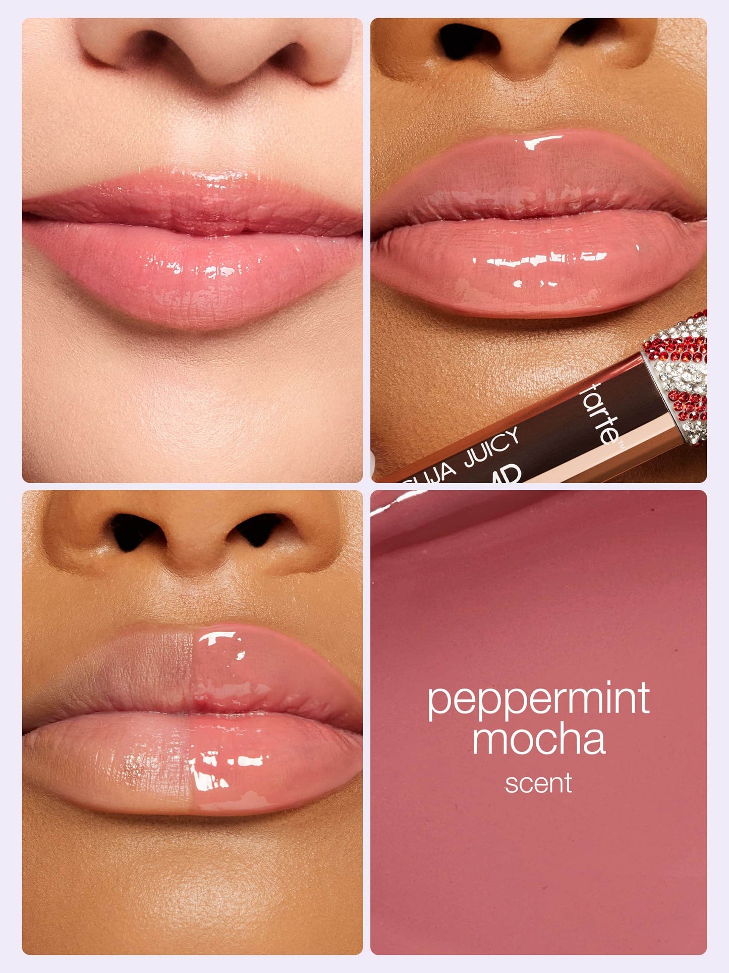 Four-panel collage showing lips with pink gloss. One features Tarte Cosmetics' product; another shows half-lip application. Text reads peppermint mocha scent. The context is a promotional cosmetic display.