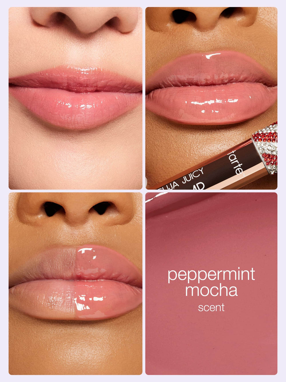 Four-panel collage showing lips with pink gloss. One features Tarte Cosmetics' product; another shows half-lip application. Text reads peppermint mocha scent. The context is a promotional cosmetic display.
