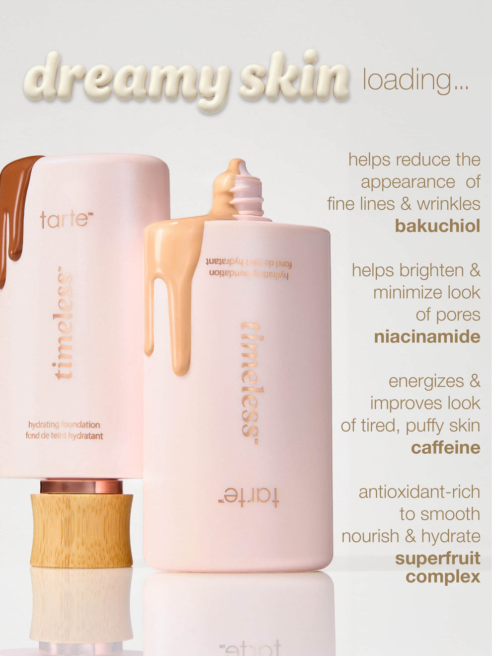 tarte timeless foundation with text detailing their benefits on a light gray background