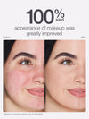 Before and after comparison of a woman's face with makeup improvement, based on a consumer panel study.