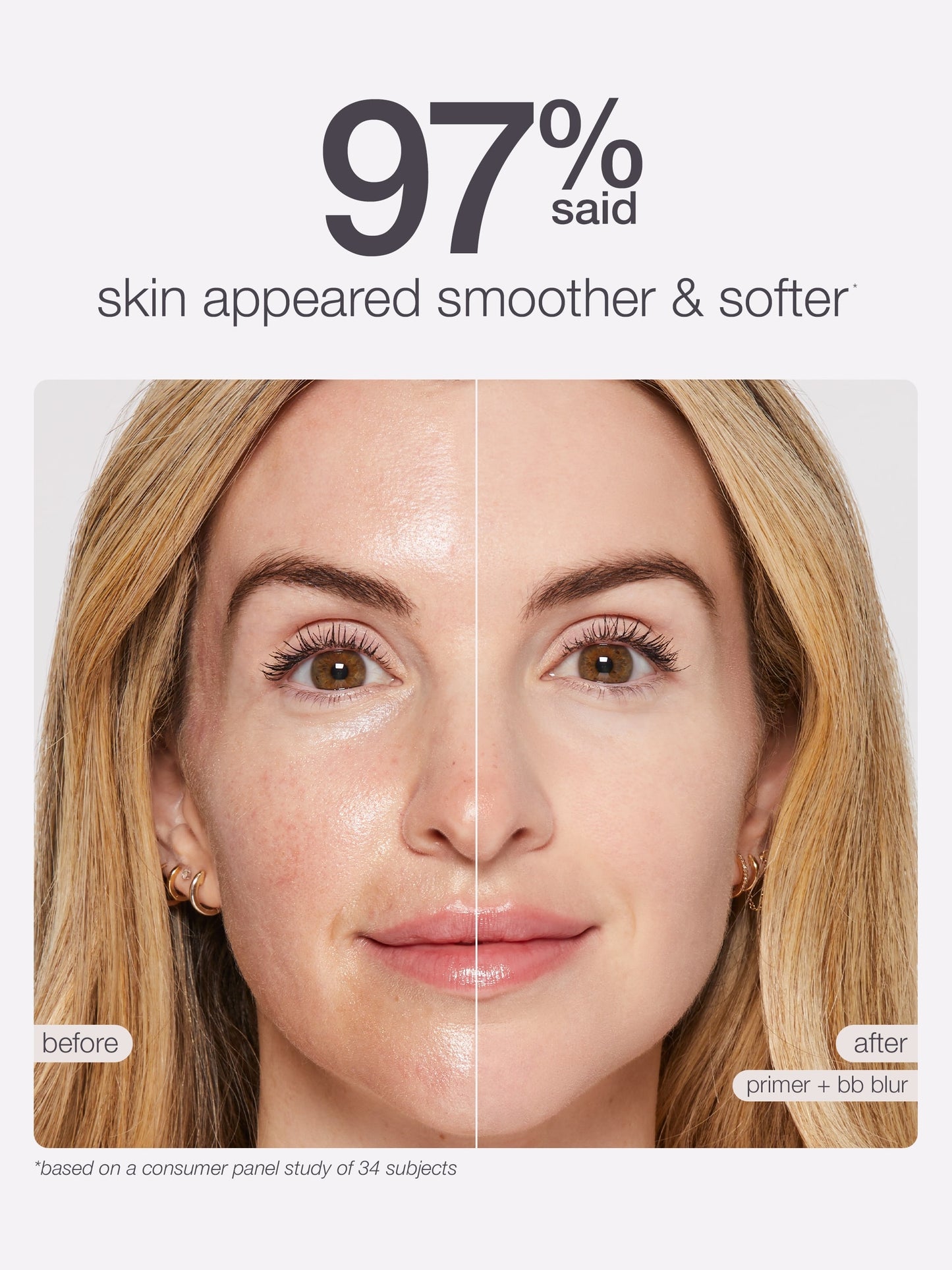 Before and after comparison of a woman's face with text indicating smoother and softer skin.
