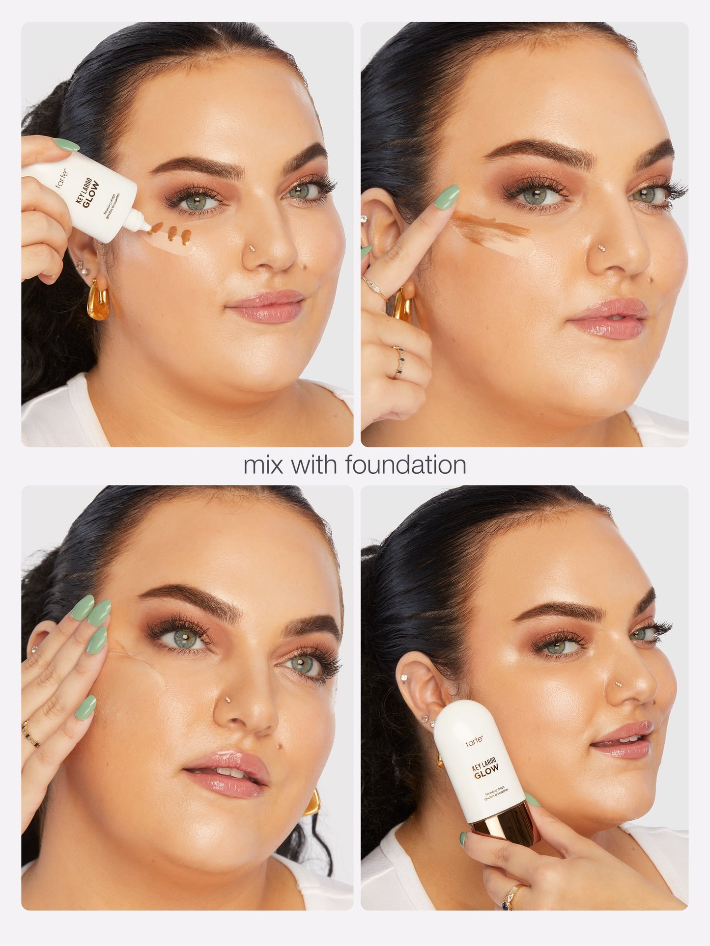 Step-by-step demonstration of applying a cosmetic product to the face with text 'mix with foundation'.