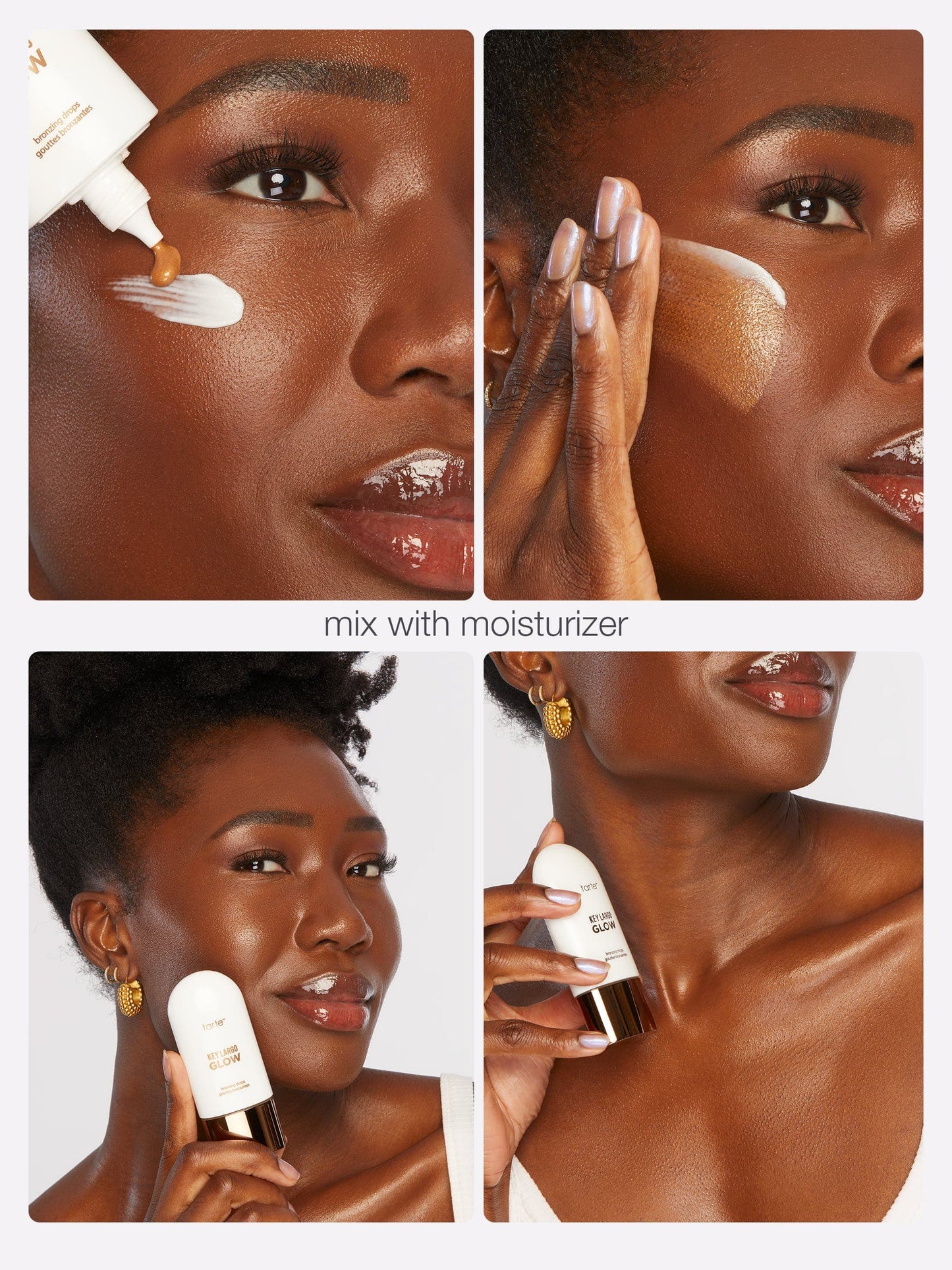 Collage of a woman applying a cosmetic product to her face with text 'mix with moisturizer'.