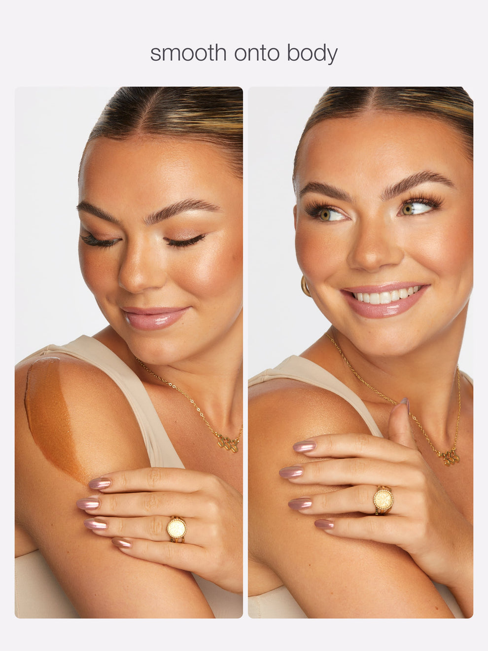 Woman applying a cosmetic product to her arm with a close-up of the product on her skin.