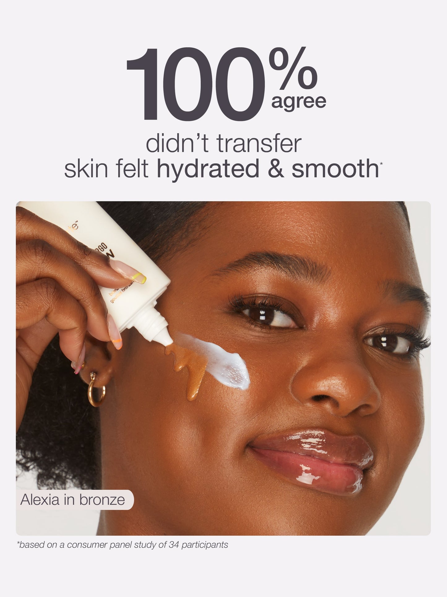 Advertisement for a skincare product showing a woman applying cream to her face with text about hydration and smoothness.