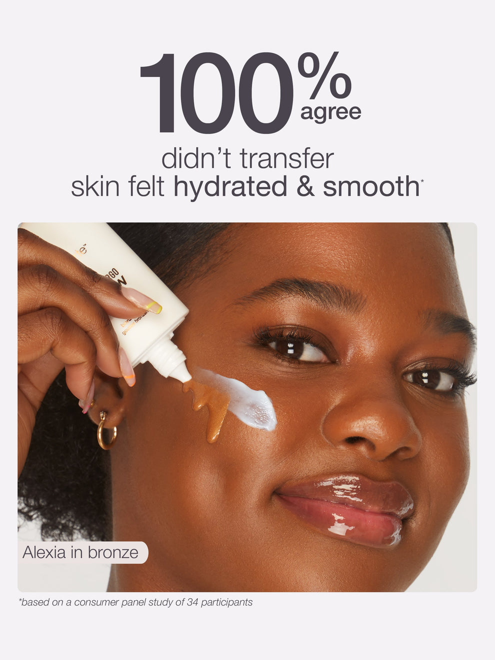 Advertisement for a skincare product showing a woman applying cream to her face with text about hydration and smoothness.