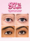 A full-size and travel-size pink tube of Tarte Big Ego mascara stand upright. The full-size tube is open with a brush extended. The words full-size and travel-size are labeled above.