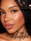 Close-up of a woman applying eyeliner with a brush, featuring text '2-in-1 liquid & gel' on a dark background.