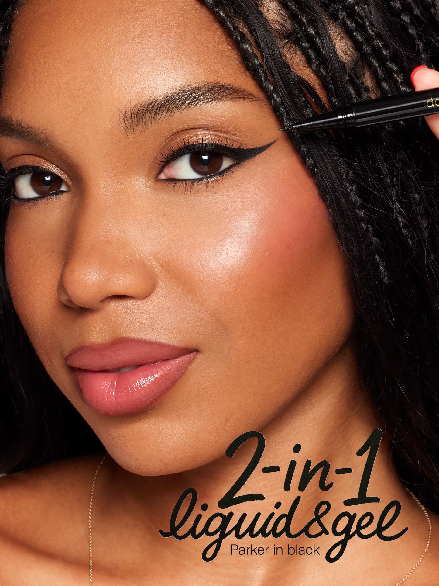 Close-up of a woman applying eyeliner with a brush, featuring text '2-in-1 liquid & gel' on a dark background.