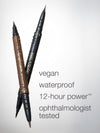 Two cosmetic pencils, one brown and one black, covered in water droplets on a light gray background, with text reading 'vegan waterproof 12-hour power ophthalmologist tested'.