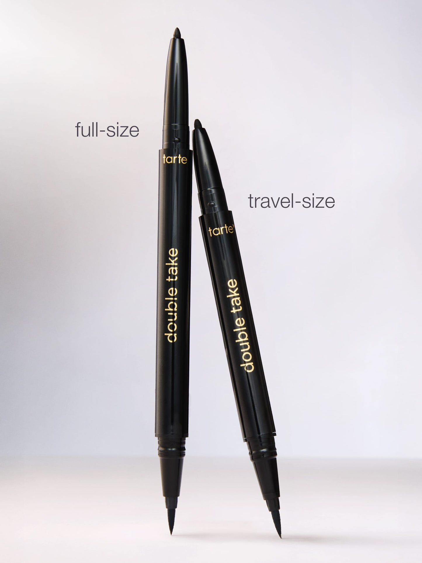 Two eyeliner pens, one full-size and one travel-size, with 'tarte' branding on a white background.