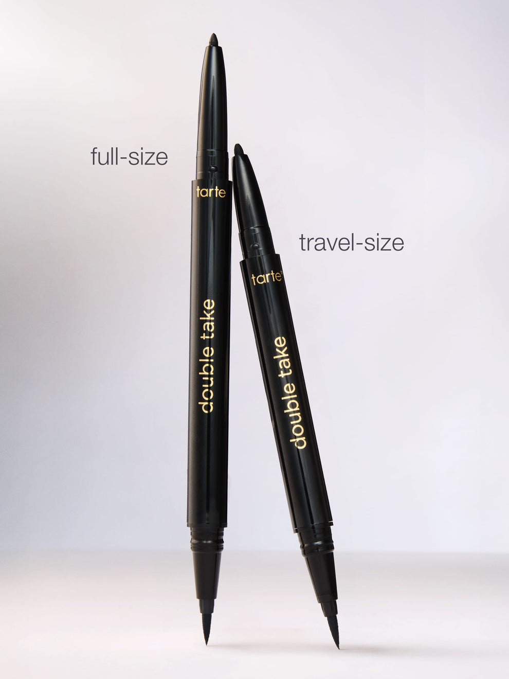 Two eyeliner pens, one full-size and one travel-size, with 'tarte' branding on a white background.