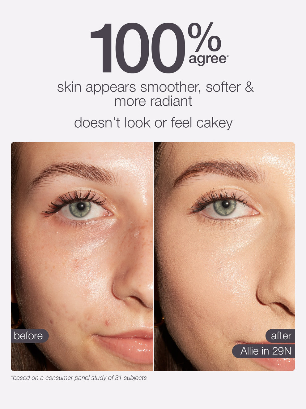 Before and after comparison of skin texture with Allie foundation, showing smoother and more radiant skin.