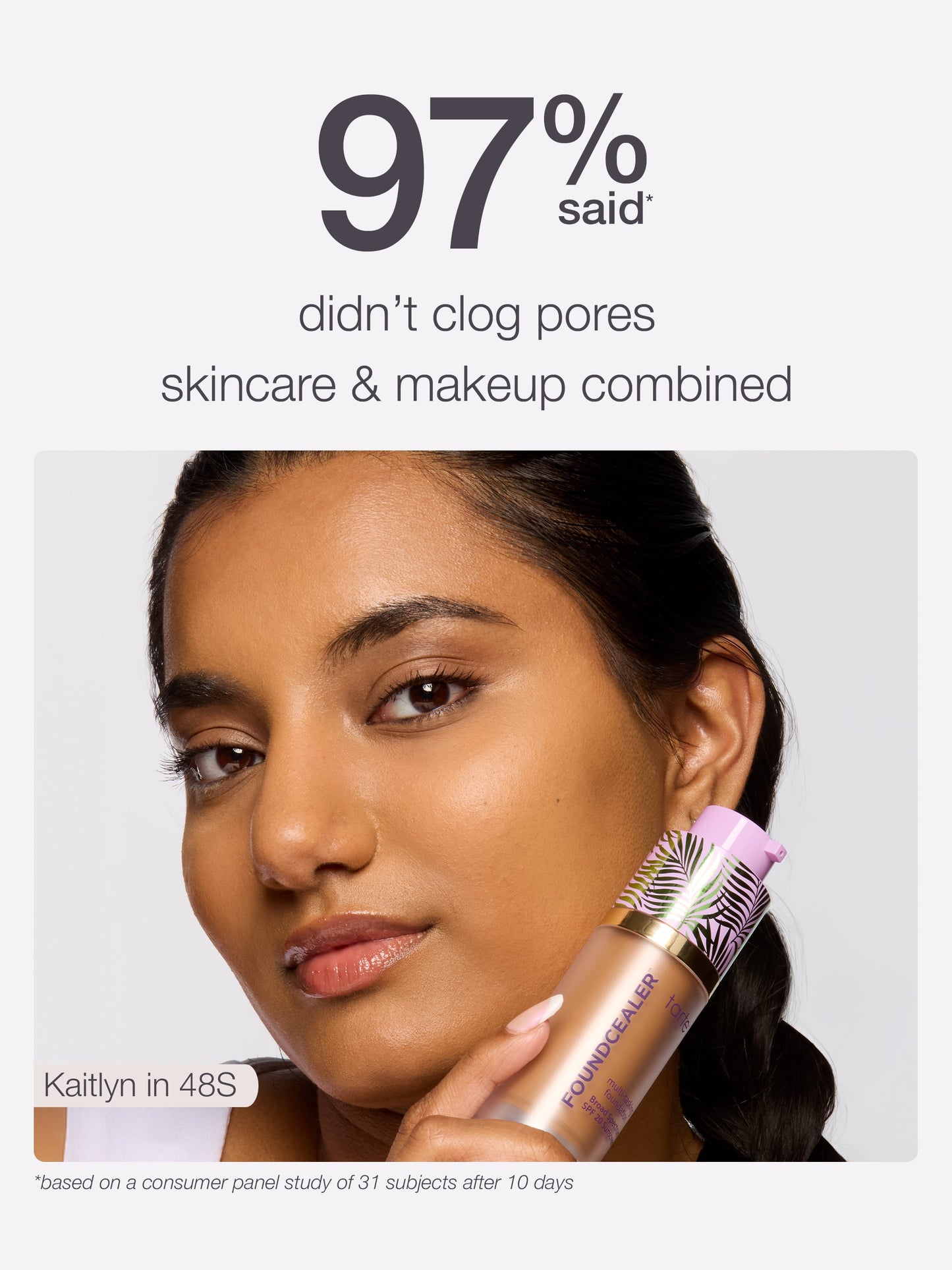 Woman holding a makeup product with text about skincare and makeup performance.