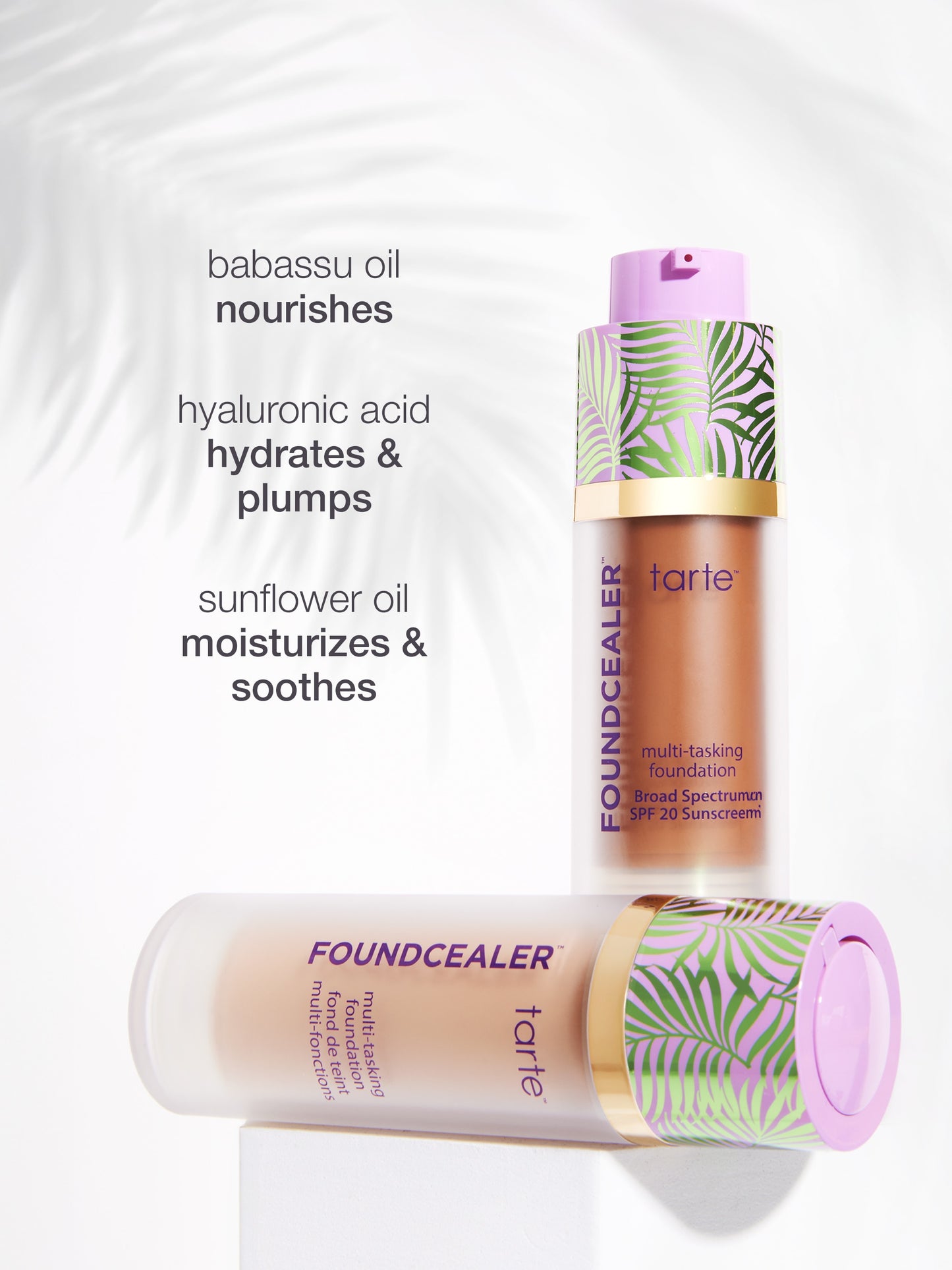 Tarte Foundcealer foundation bottles with text about ingredients on a white background