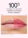 Lips shown before and after application of a lip product with text indicating benefits.