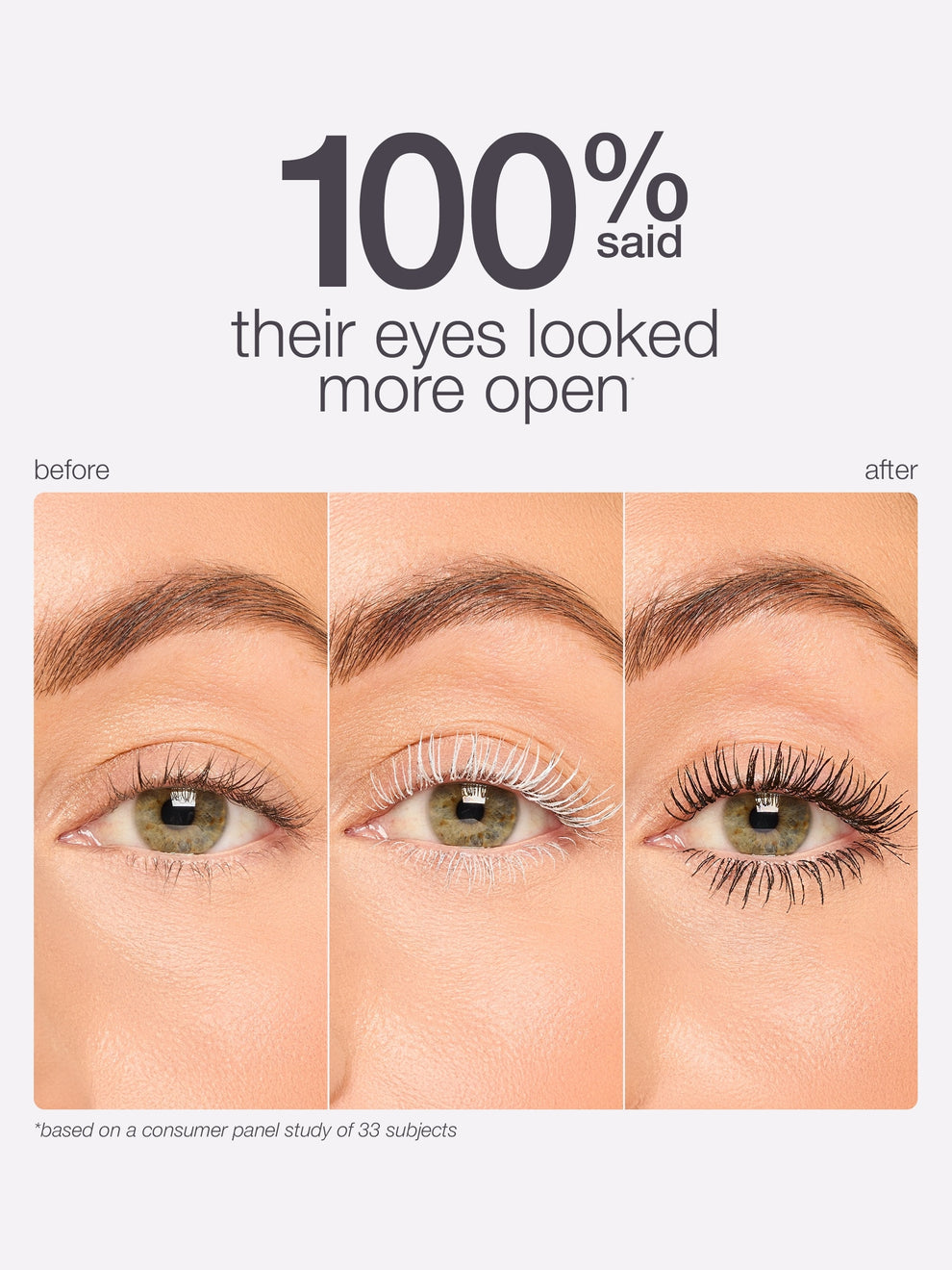 Before and after comparison of eye makeup application with text indicating results.