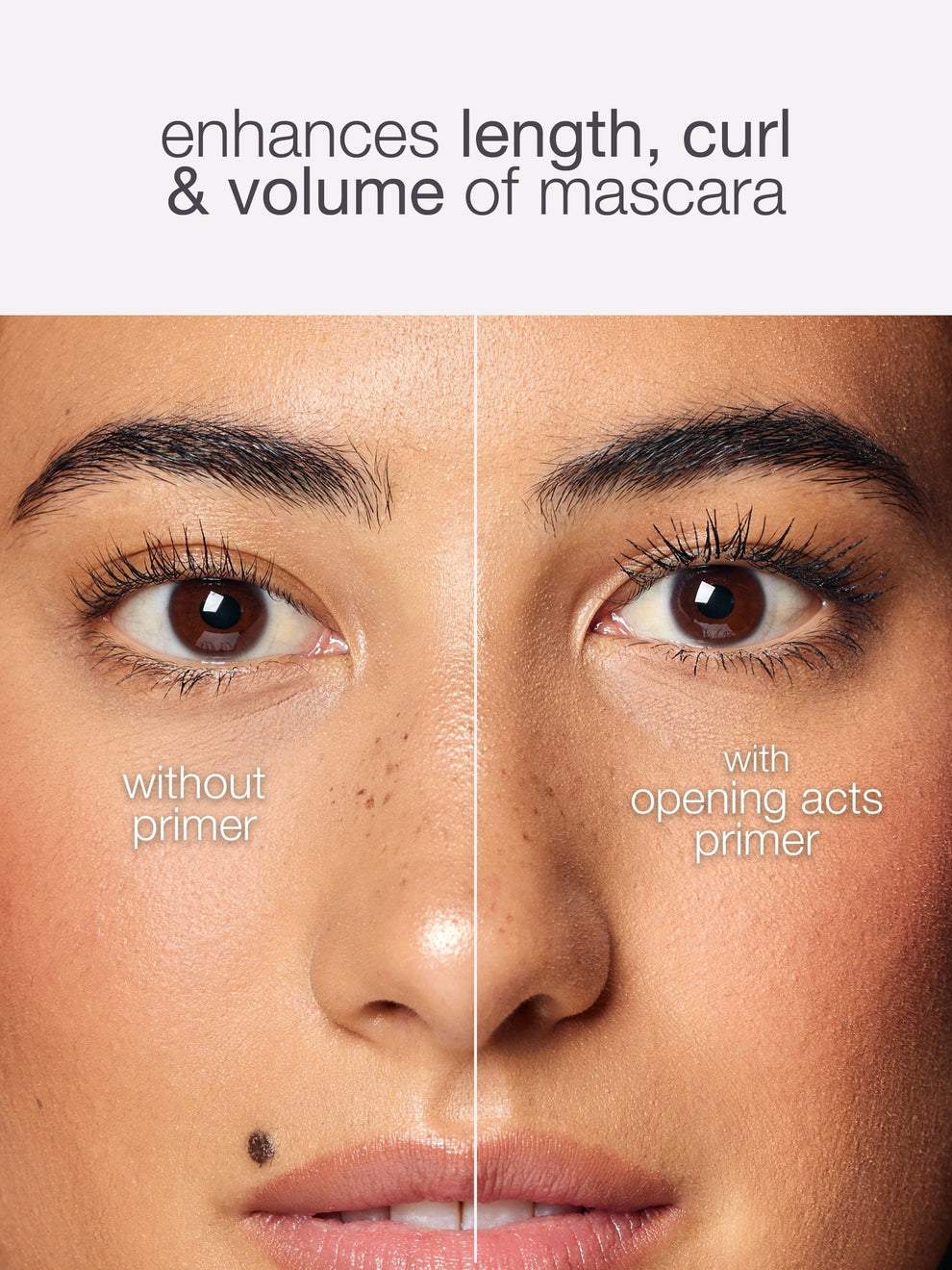 Before and after comparison of a woman's eyes with and without a primer labeled 'opening acts'.