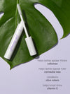 Mascara tube with brush on a green leaf against a light purple background