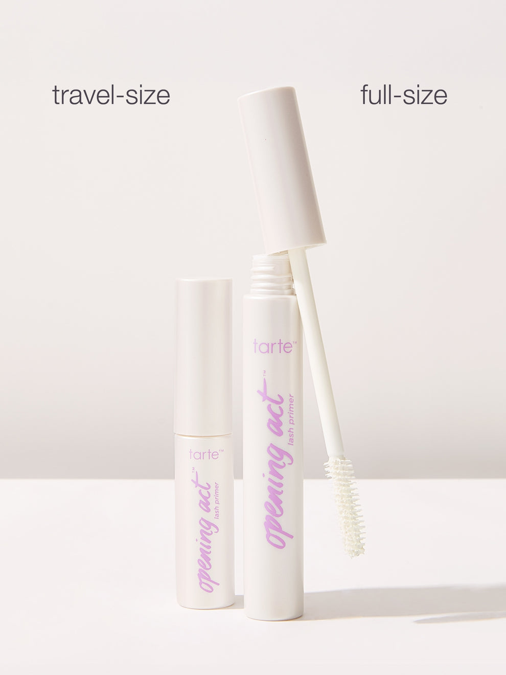 Tarte opening act mascara in travel-size and full-size on a white background