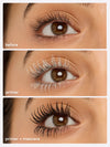 Advertisement for mascara and primer showing a close-up of a woman's face with text about product performance.