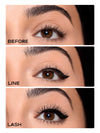 Before, line, and after images of an eye with makeup application using tartelette quick stick tubing liner 