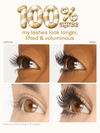 Before and after comparison of eyelashes with text '100% agree my lashes look longer, lifted & voluminous' using tartelette quick stick tubing liner 