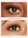 Close-up of an eye with eyelash extensions labeled 'full & fluttery drama'.