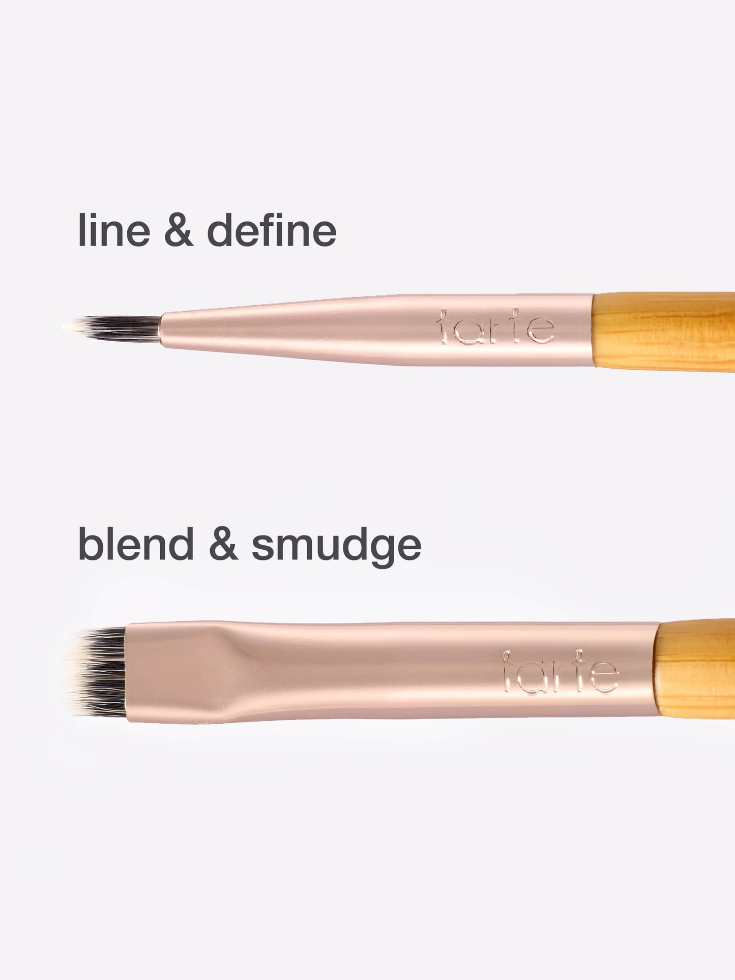 Two makeup brushes with bristle heads and wooden handles on a white background, labeled 'line & define' and 'blend & smudge'.