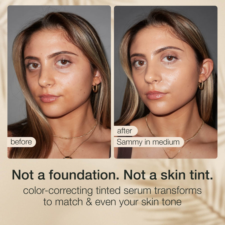 woman smiling with a tarte CC serum, with text powered by the Amazon activated by your skin