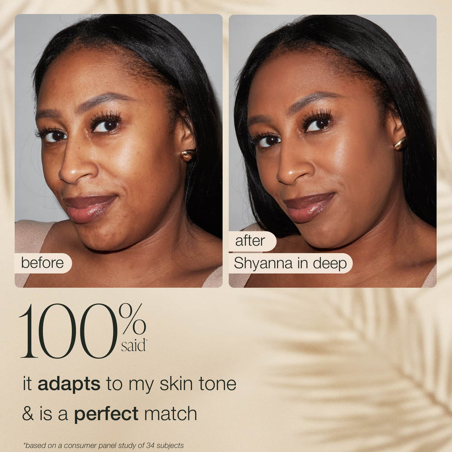 woman smiling with a tarte CC serum, with text powered by the Amazon activated by your skin