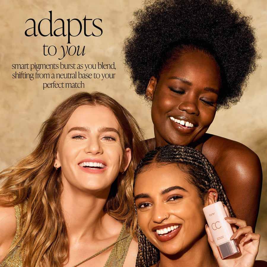 Three women with a CC tinted serum product against a beige background