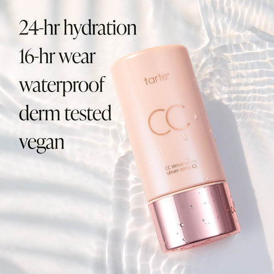 Tarte CC tinted serum bottle with text highlighting features on a light background