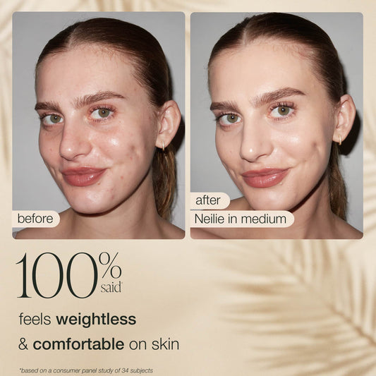 Before and after comparison of a person using Neillie skincare product on a neutral background.