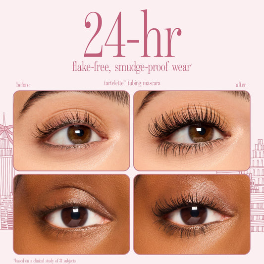before and after of tarte cosmetics tartelette XL tubing mascara, 24 hr flake free smudge proof