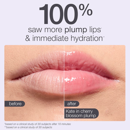 Lips shown before and after using Tarte Cosmetics' product, demonstrating increased plumpness and hydration. Text: 100% saw more plump lips & immediate hydration. Labels: before, after, Kate in cherry blossom plump, and study details at the bottom.