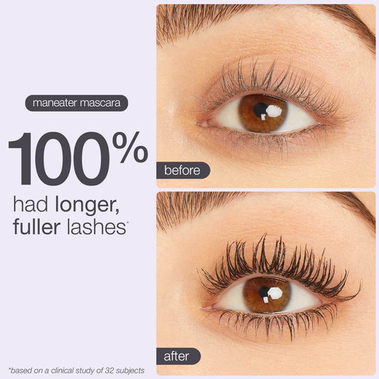 Two close-up images of an eye demonstrate Tarte Cosmetics Maneater mascara results. The first image shows natural lashes labeled before, and the second shows enhanced lashes labeled after. Text: 100% had longer, fuller lashes and based on a clinical study of 32 subjects.