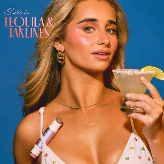 Woman holding a cocktail with 'Tequila & Tanlines' text on a blue background